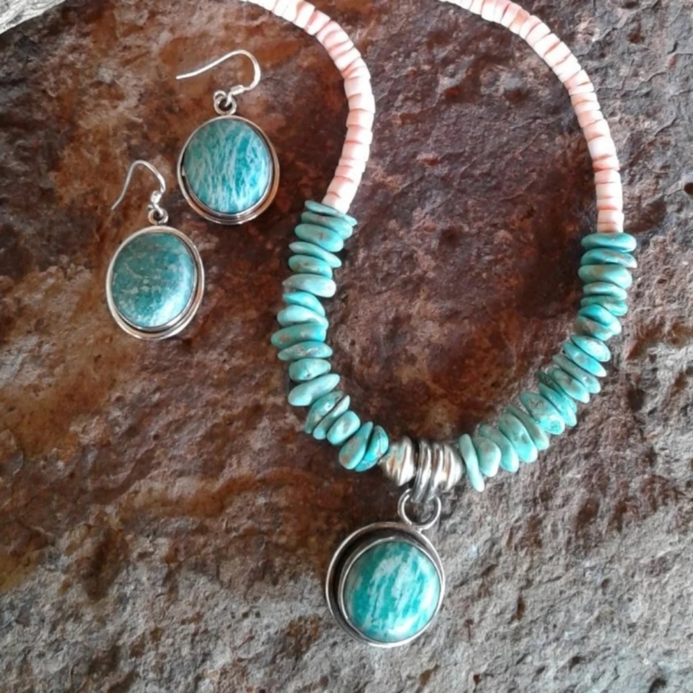 Sterling Silver Turquoise AMAZONITE necklace Set - Picture 11 of 11